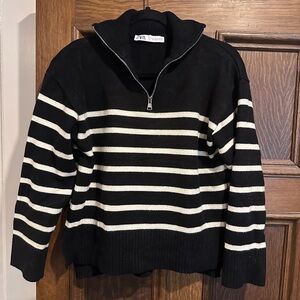 Zara Black and Cream Striped quarter-Zip Sweater